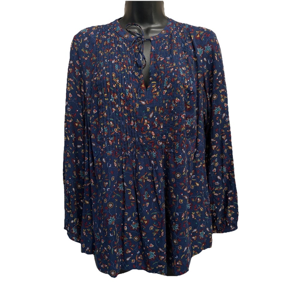 Old Navy Navy/Multi Floral/Paisley Long Sleeve‎ Tie/Tassel Neck Blouse Sz Small